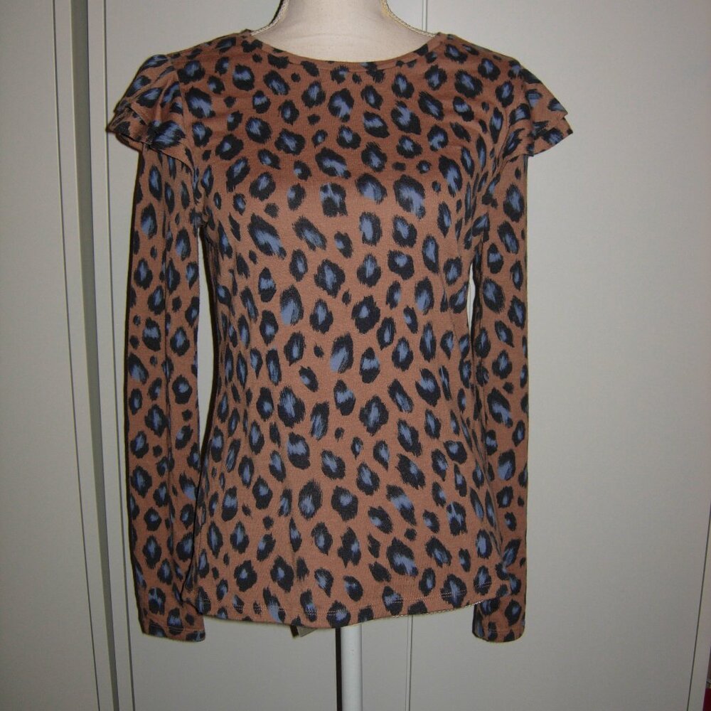 Ann Taylor Animal Print Ruffle Shoulder Top S